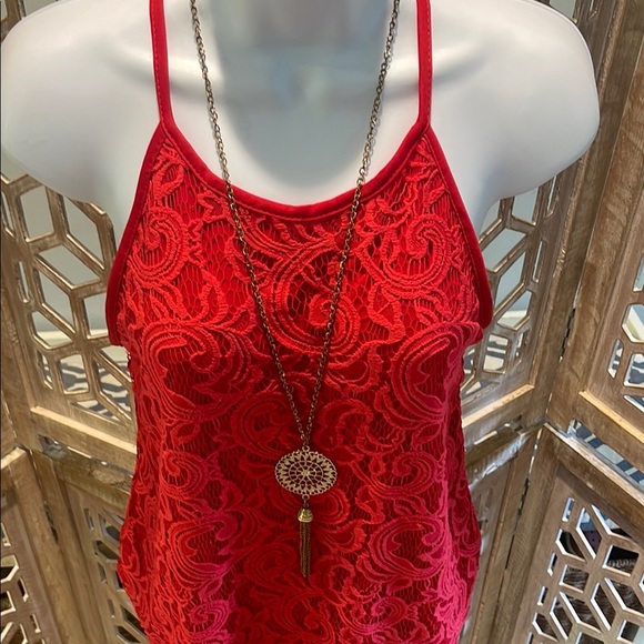 First Love Elegant Red Lace Women’s Racer Back Tank With Gold Mandala Necklace - Picture 2 of 12